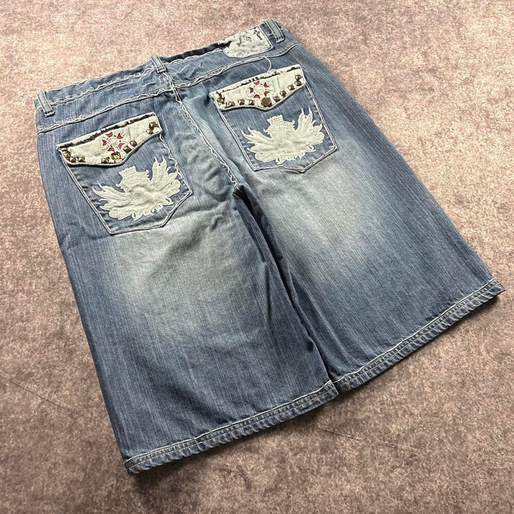 Atti Y2K Studded Embroidered Baggy Denim Jorts Blue Jean Shorts Men’s Size 38